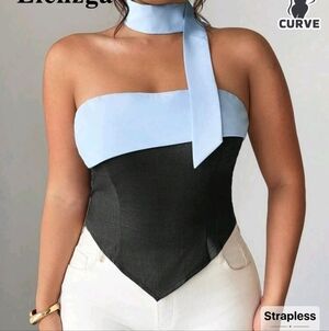 Elegant Women's Strapless Top - Gray and Light Blue